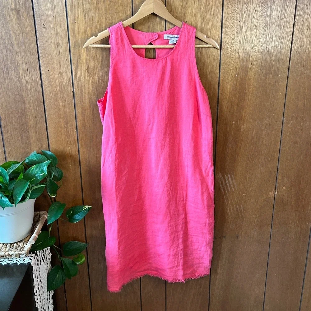 Tommy Bahama Pink Linen Sleeveless Shift Dress Raw Hem Keyhole Back Small - Picture 2 of 8